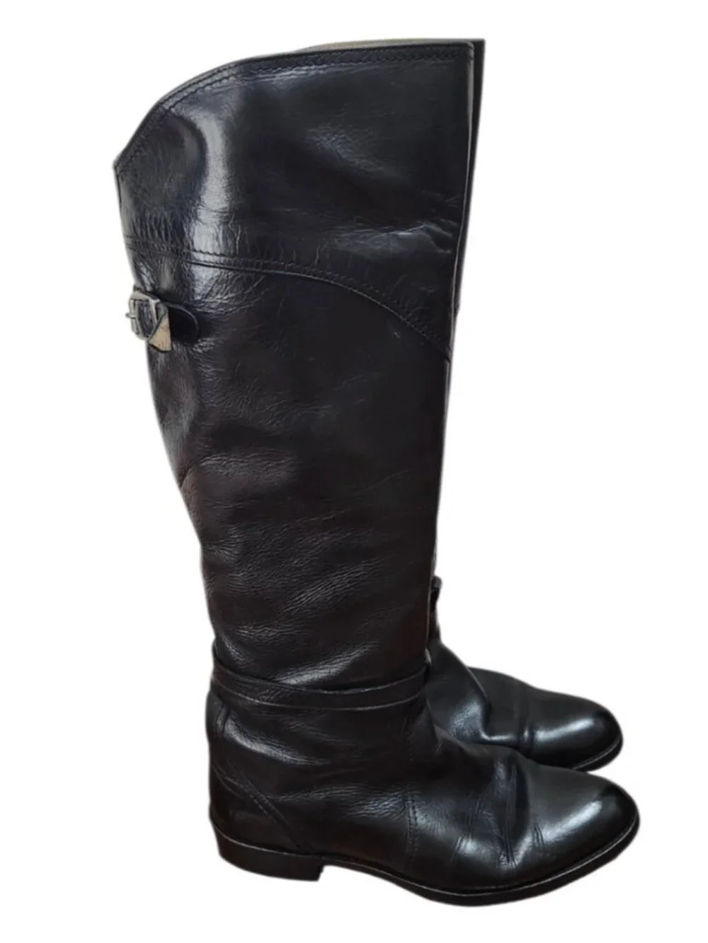 FRYE Black Leather Tall Riding Boots Size 8 Made in Spain Goodyear Welt Buckle
